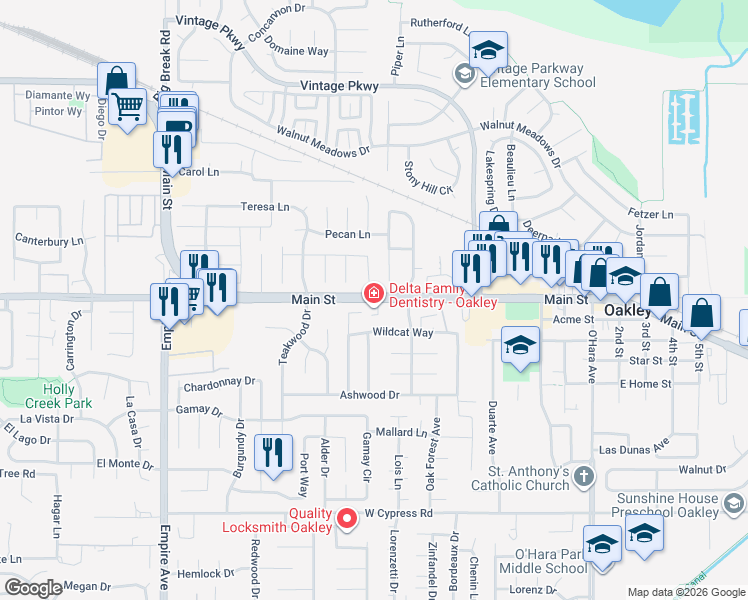map of restaurants, bars, coffee shops, grocery stores, and more near Main Street in Oakley