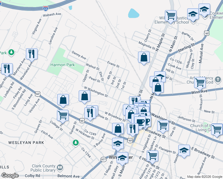 map of restaurants, bars, coffee shops, grocery stores, and more near in Winchester