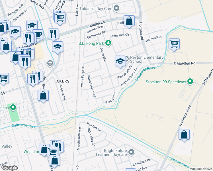 map of restaurants, bars, coffee shops, grocery stores, and more near 2330 Pinetown Street in Stockton
