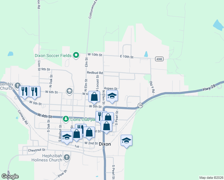 map of restaurants, bars, coffee shops, grocery stores, and more near 109 Aspen Street in Dixon