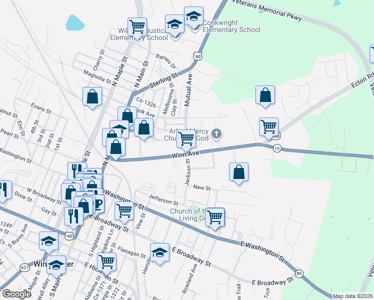 map of restaurants, bars, coffee shops, grocery stores, and more near 14 Goldie Avenue in Winchester
