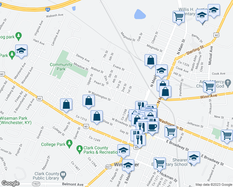map of restaurants, bars, coffee shops, grocery stores, and more near 19 3rd Street in Winchester