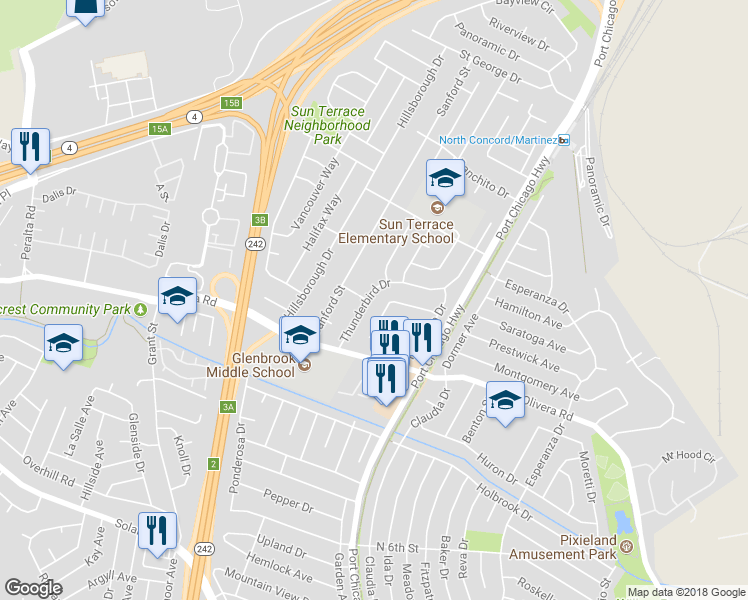 map of restaurants, bars, coffee shops, grocery stores, and more near 3466 Thunderbird Drive in Concord
