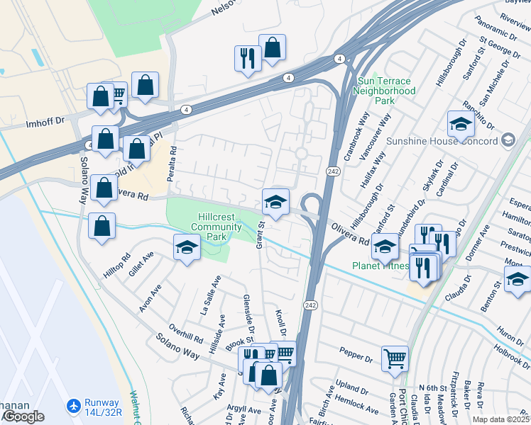 map of restaurants, bars, coffee shops, grocery stores, and more near 2125 Northwood Circle in Concord