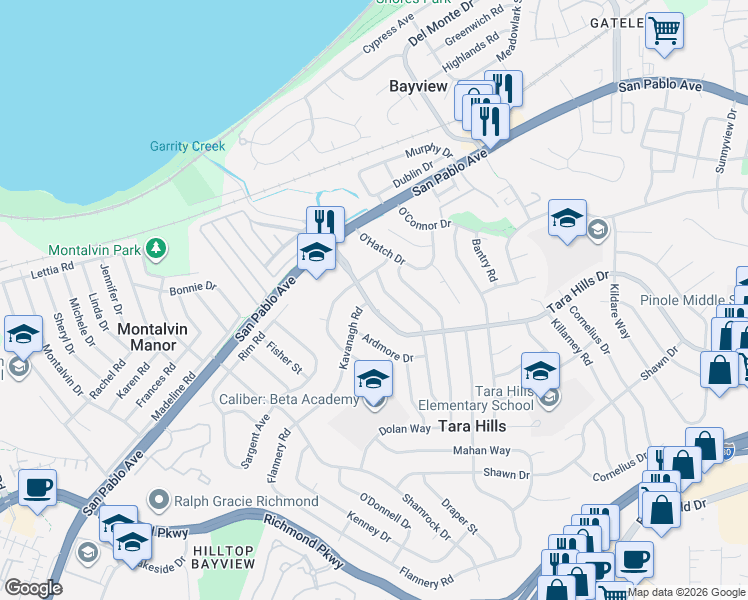 map of restaurants, bars, coffee shops, grocery stores, and more near 2535 Oharte Road in San Pablo