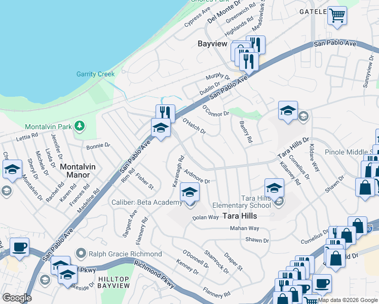 map of restaurants, bars, coffee shops, grocery stores, and more near 2535 Oharte Road in San Pablo