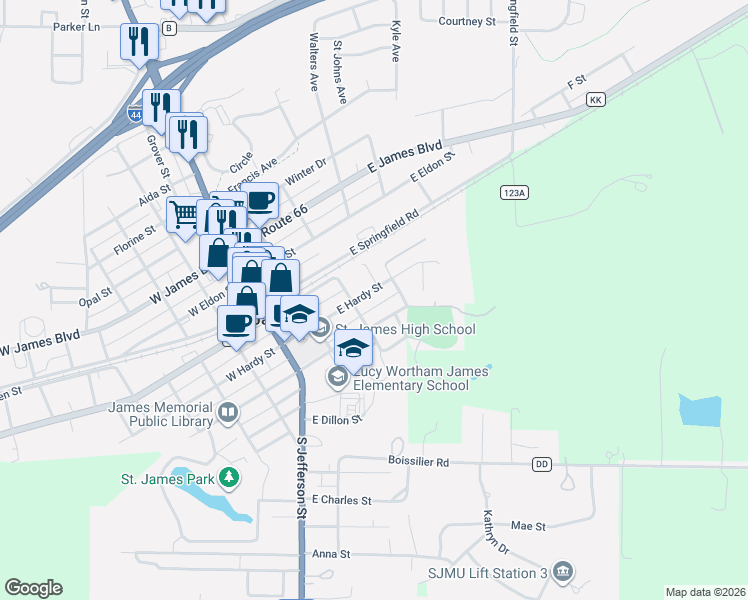 map of restaurants, bars, coffee shops, grocery stores, and more near 330 East Hardy Street in Saint James
