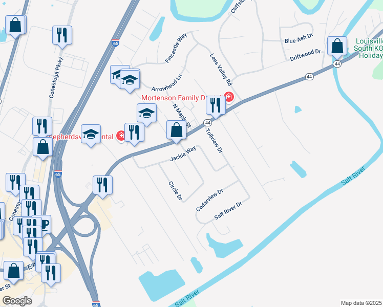 map of restaurants, bars, coffee shops, grocery stores, and more near 388 Jackie Way in Shepherdsville