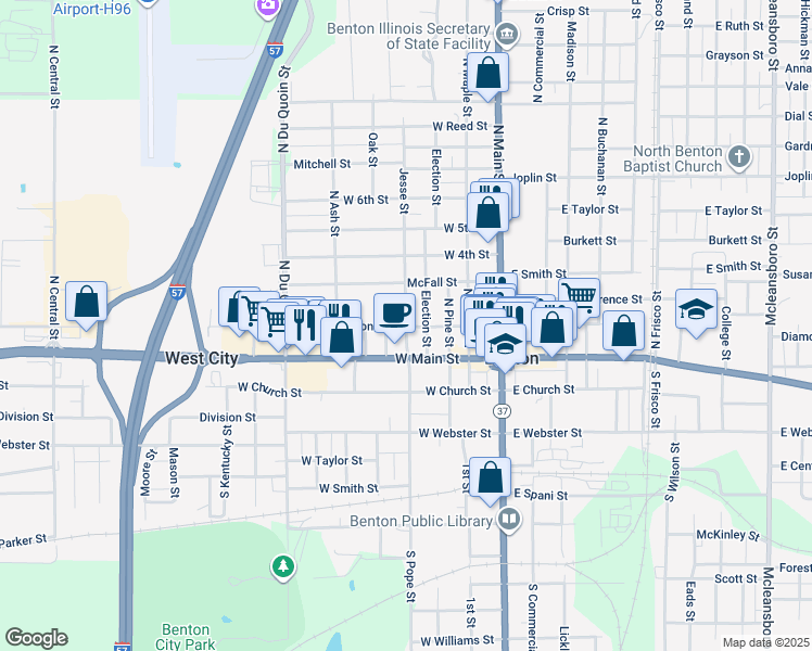 map of restaurants, bars, coffee shops, grocery stores, and more near 201 North Mill Street in Benton