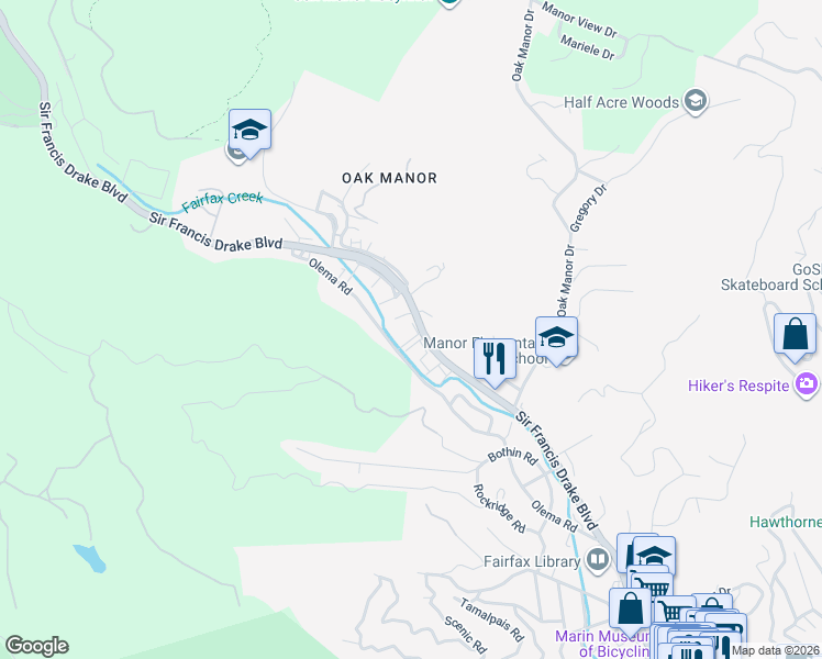 map of restaurants, bars, coffee shops, grocery stores, and more near 2575 Sir Francis Drake Boulevard in Fairfax