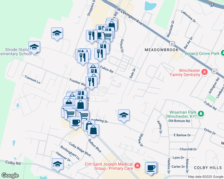 map of restaurants, bars, coffee shops, grocery stores, and more near 720 Westwood Drive in Winchester