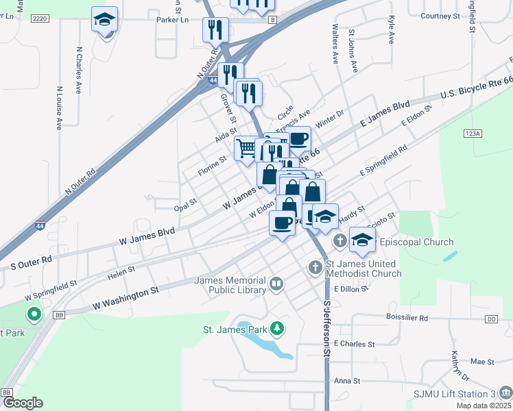 map of restaurants, bars, coffee shops, grocery stores, and more near 201 North Meramec Street in Saint James