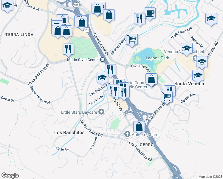 map of restaurants, bars, coffee shops, grocery stores, and more near 260 Merrydale Road in San Rafael