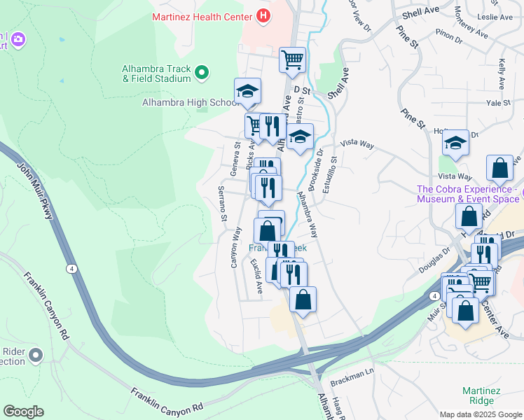 map of restaurants, bars, coffee shops, grocery stores, and more near 407 J Street in Martinez