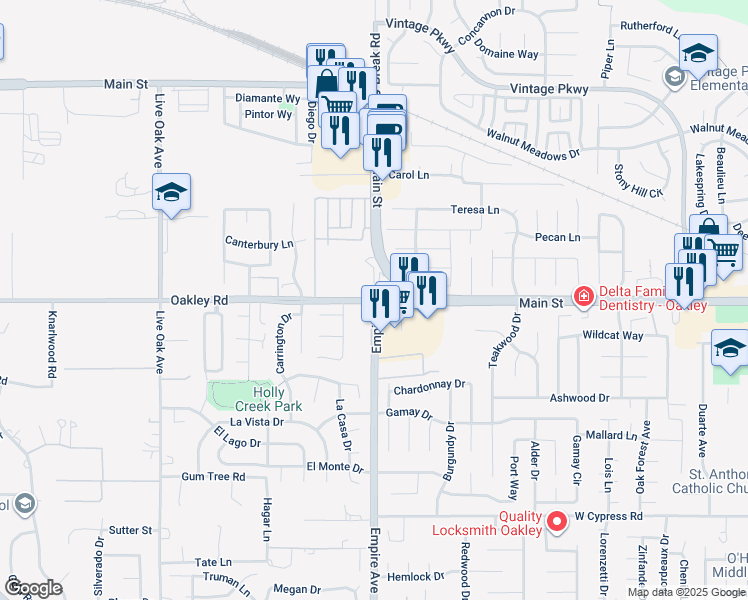 map of restaurants, bars, coffee shops, grocery stores, and more near 2 Oakley Road in Oakley