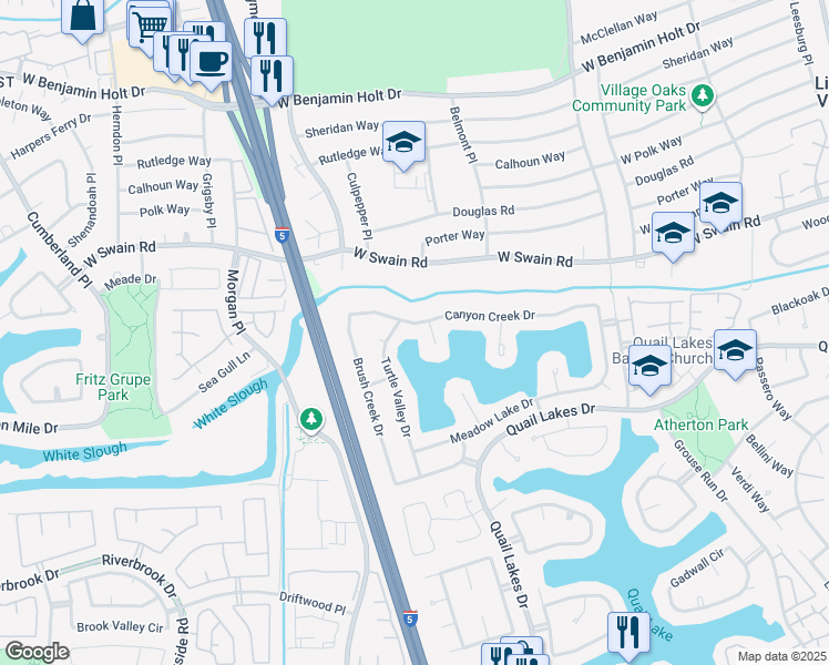 map of restaurants, bars, coffee shops, grocery stores, and more near 5868 Turtle Valley Drive in Stockton