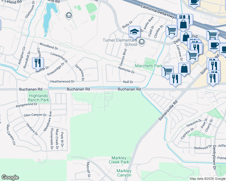 map of restaurants, bars, coffee shops, grocery stores, and more near 4405 Null Drive in Antioch