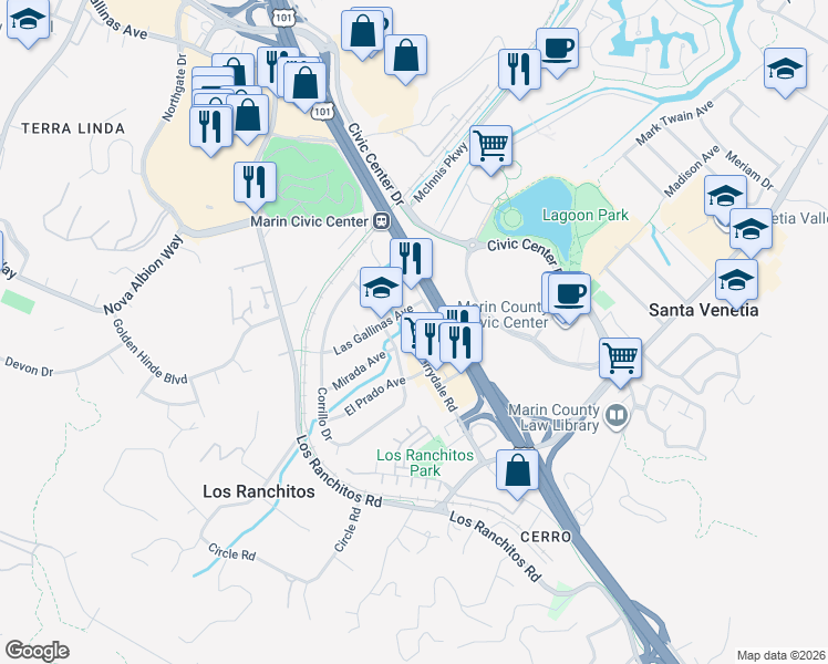map of restaurants, bars, coffee shops, grocery stores, and more near 280 Merrydale Road in San Rafael