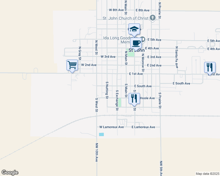 map of restaurants, bars, coffee shops, grocery stores, and more near 200-298 S Nutting St in St John