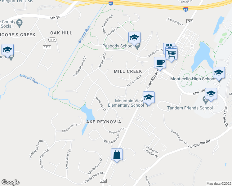map of restaurants, bars, coffee shops, grocery stores, and more near 112 Boulder Spring Court in Charlottesville