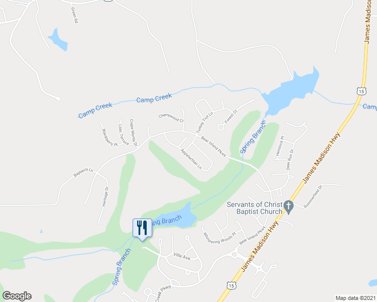 map of restaurants, bars, coffee shops, grocery stores, and more near 308 Appalachian Lane in Zion Crossroads
