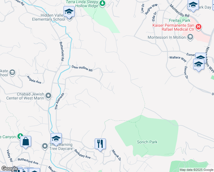 map of restaurants, bars, coffee shops, grocery stores, and more near 291 Oakcrest Road in San Anselmo