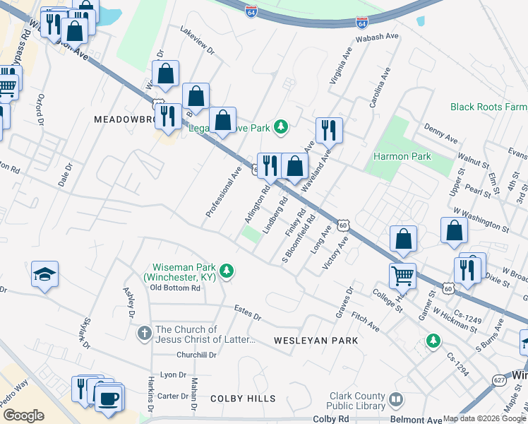 map of restaurants, bars, coffee shops, grocery stores, and more near 110 Nelson Avenue in Winchester