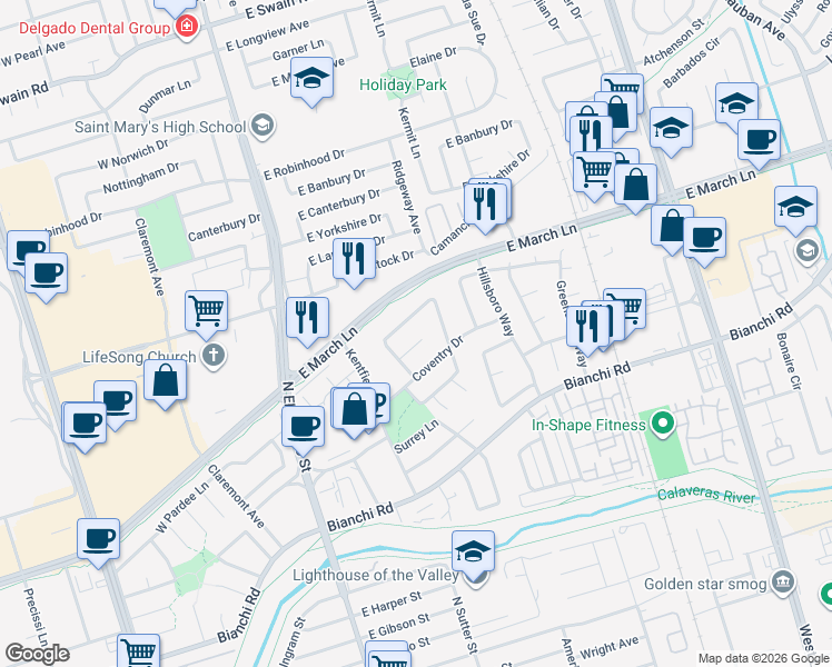 map of restaurants, bars, coffee shops, grocery stores, and more near 337 Huntington Court in Stockton
