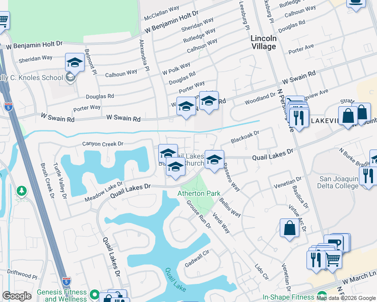 map of restaurants, bars, coffee shops, grocery stores, and more near 2019 Cedar Ridge Drive in Stockton