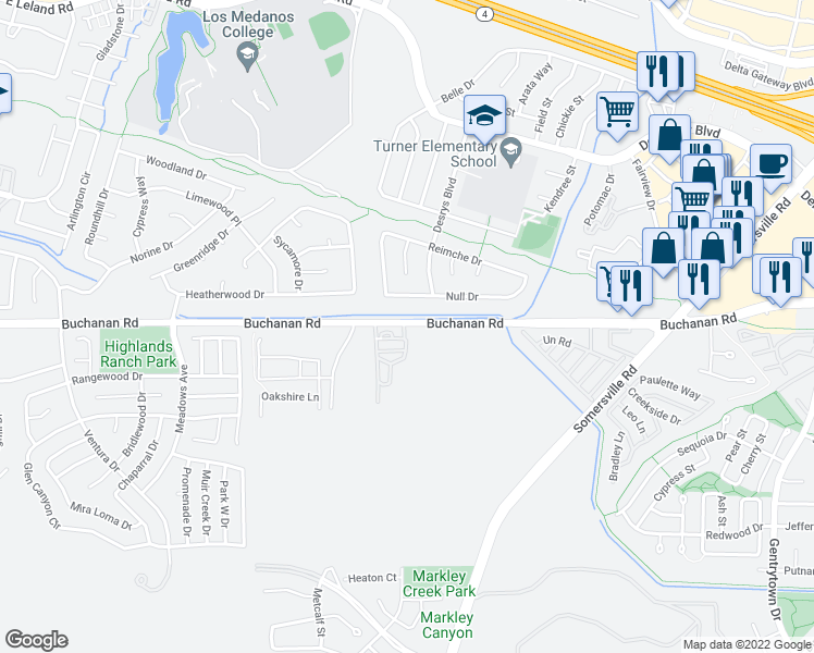 map of restaurants, bars, coffee shops, grocery stores, and more near 4405 Null Drive in Antioch