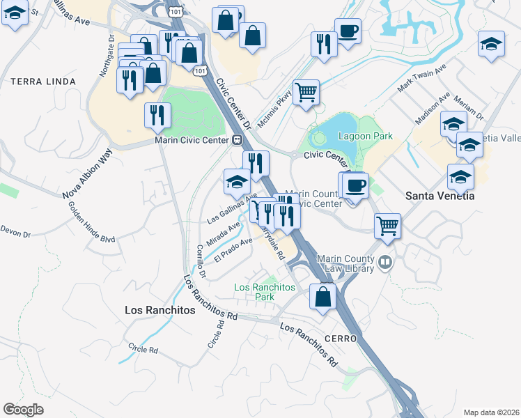 map of restaurants, bars, coffee shops, grocery stores, and more near 280 Merrydale Road in San Rafael