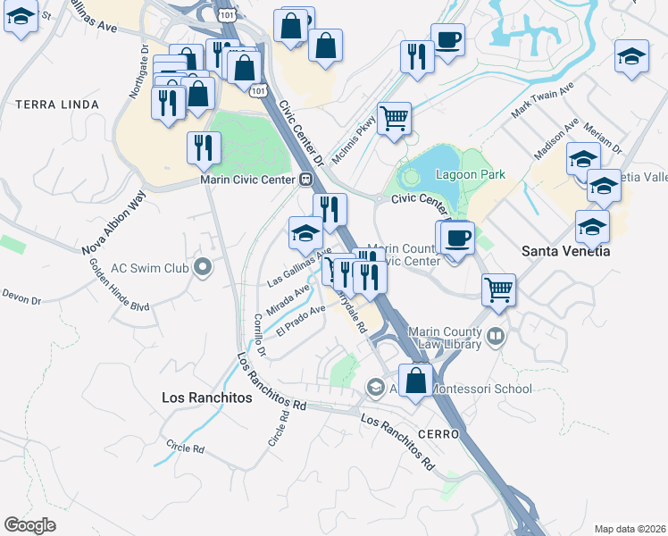 map of restaurants, bars, coffee shops, grocery stores, and more near 280 Merrydale Road in San Rafael