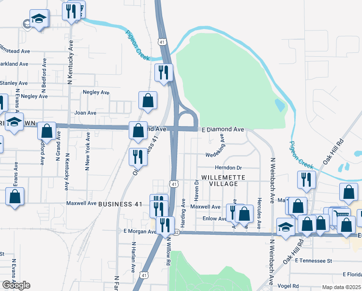 map of restaurants, bars, coffee shops, grocery stores, and more near 2216 Harding Avenue in Evansville