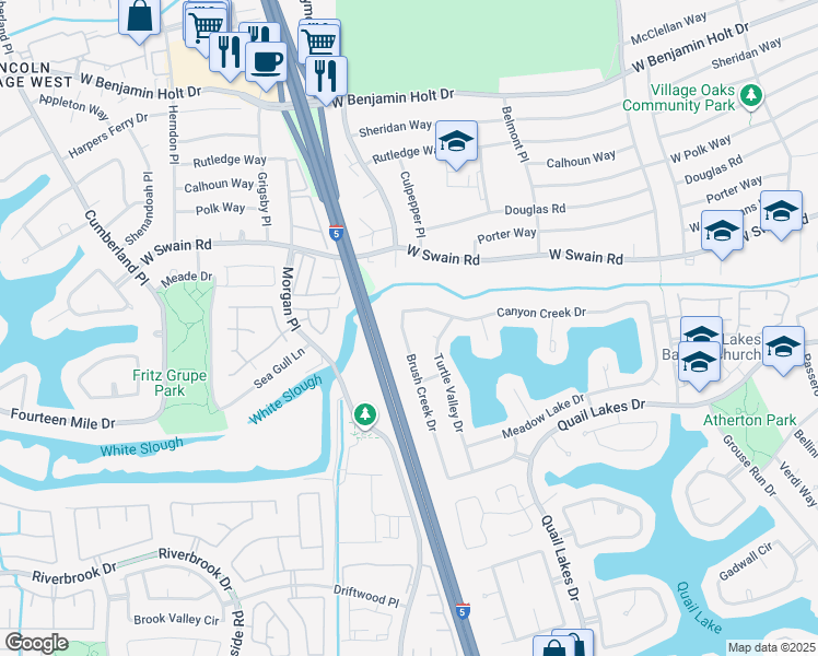 map of restaurants, bars, coffee shops, grocery stores, and more near 5928 Brush Creek Drive in Stockton