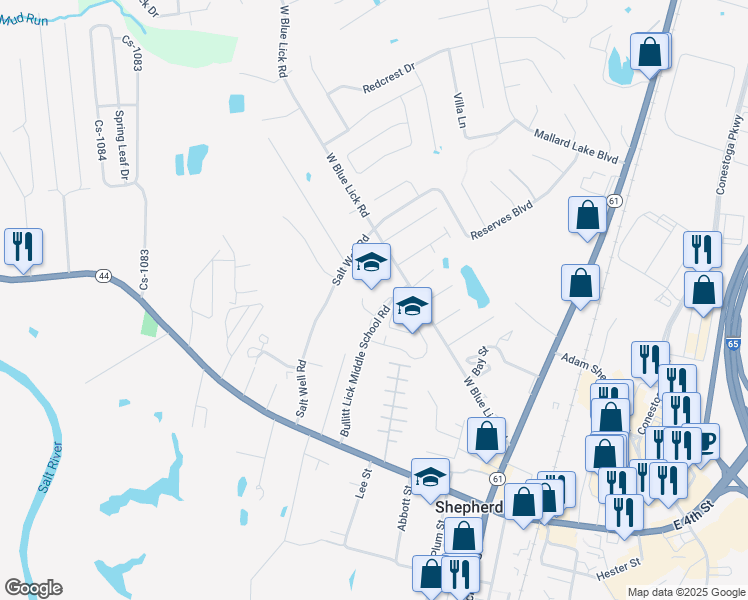 map of restaurants, bars, coffee shops, grocery stores, and more near 555 West Blue Lick Road in Shepherdsville