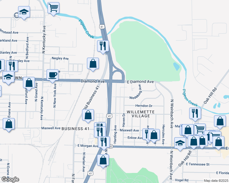 map of restaurants, bars, coffee shops, grocery stores, and more near 2216 Harding Avenue in Evansville