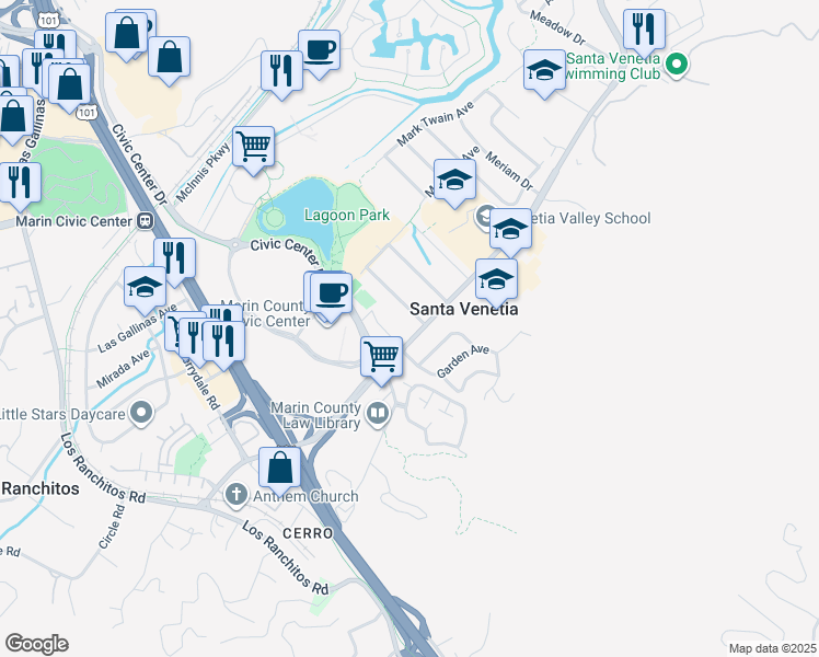 map of restaurants, bars, coffee shops, grocery stores, and more near 121 North San Pedro Road in San Rafael