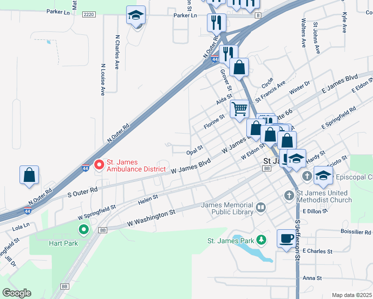 map of restaurants, bars, coffee shops, grocery stores, and more near 514 Opal Street in Saint James