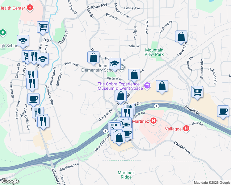 map of restaurants, bars, coffee shops, grocery stores, and more near 334 Via Cordova Lane in Martinez