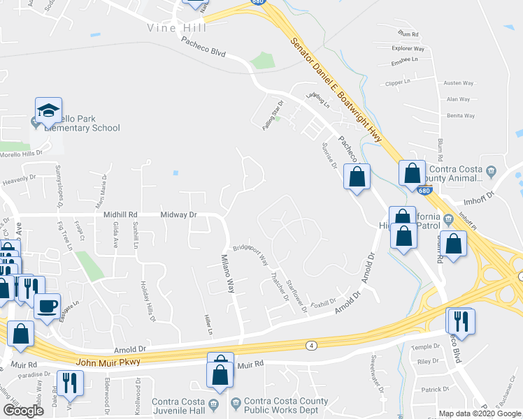 map of restaurants, bars, coffee shops, grocery stores, and more near 2432 Heatherleaf Lane in Martinez