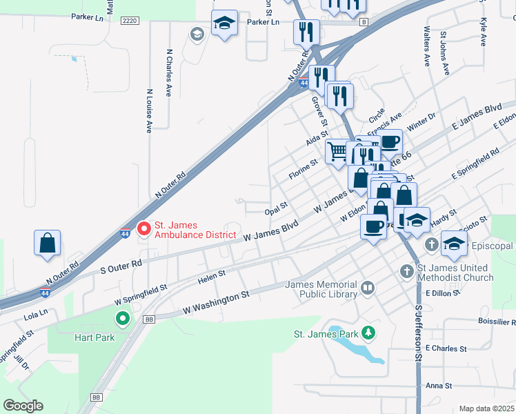 map of restaurants, bars, coffee shops, grocery stores, and more near 514 Opal Street in Saint James