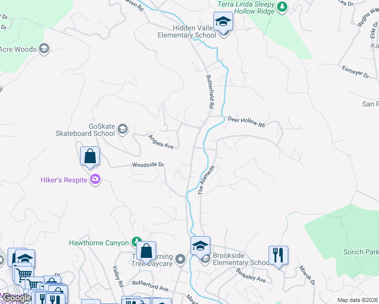 map of restaurants, bars, coffee shops, grocery stores, and more near 337 Butterfield Road in San Anselmo