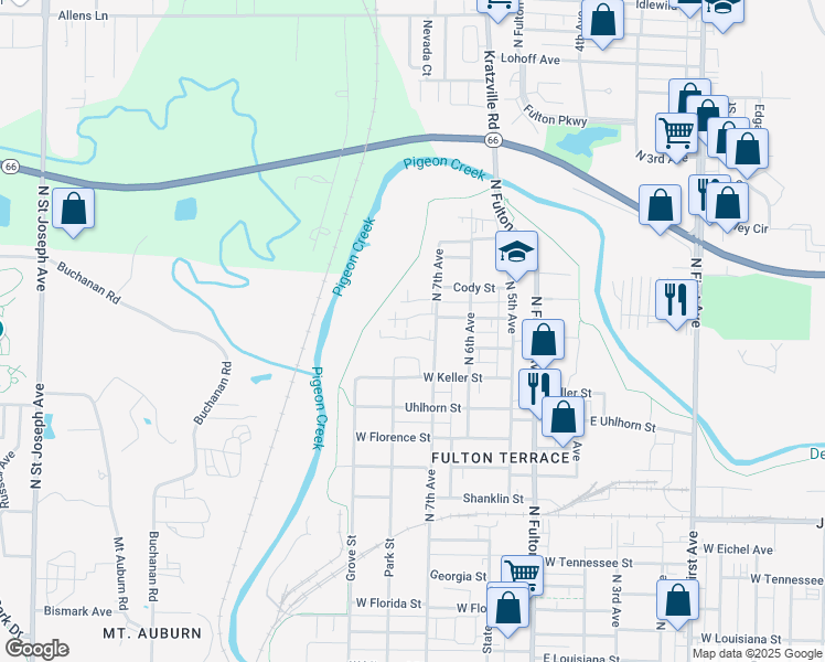 map of restaurants, bars, coffee shops, grocery stores, and more near 1501 Keller St in Evansville