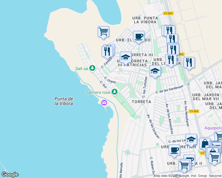 map of restaurants, bars, coffee shops, grocery stores, and more near 91 Calle Saeta in Torrevieja