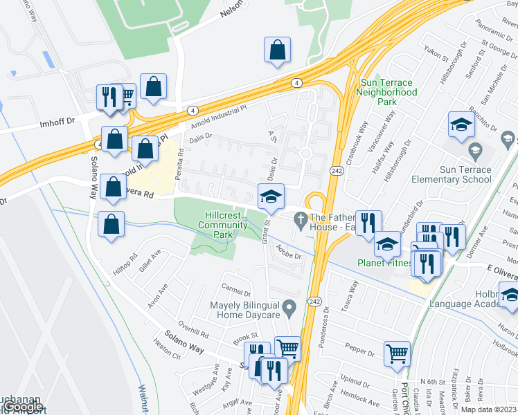 map of restaurants, bars, coffee shops, grocery stores, and more near 2099 Olivera Road in Concord