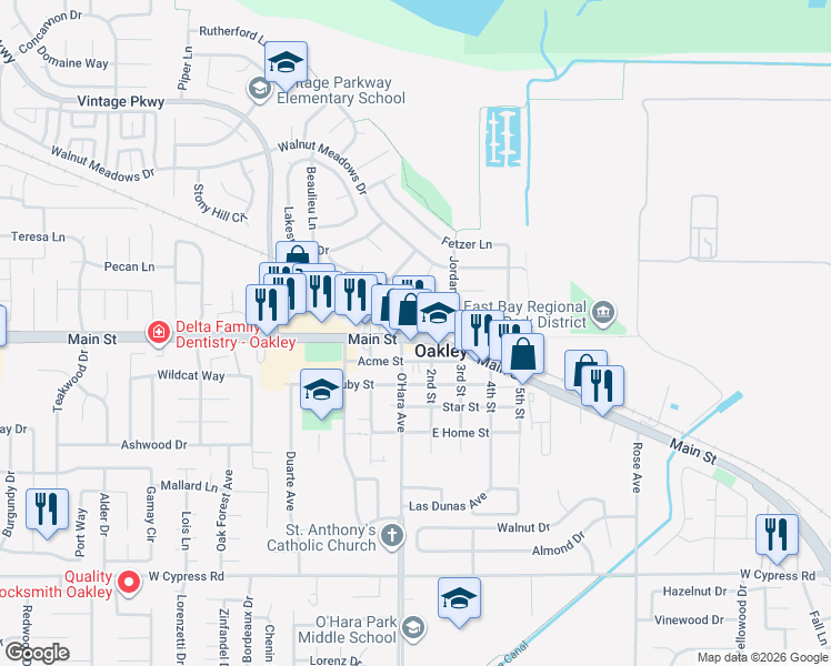 map of restaurants, bars, coffee shops, grocery stores, and more near in Oakley