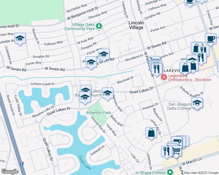 map of restaurants, bars, coffee shops, grocery stores, and more near 5625 Passero Way in Stockton