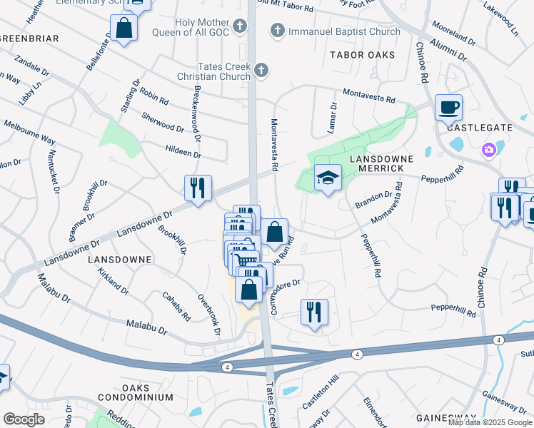 map of restaurants, bars, coffee shops, grocery stores, and more near 3300 Tates Creek Road in Lexington