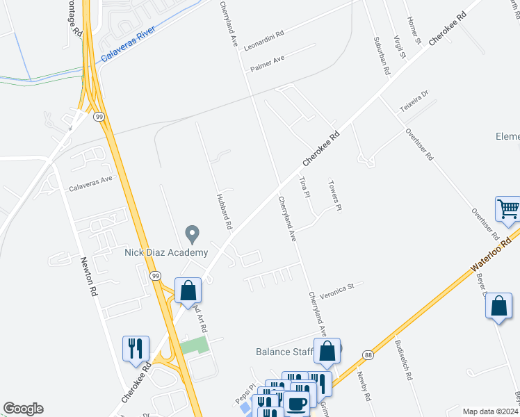 map of restaurants, bars, coffee shops, grocery stores, and more near 4618 Cherokee Road in Stockton