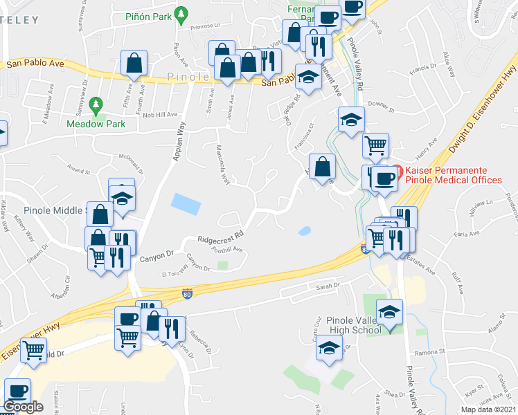 map of restaurants, bars, coffee shops, grocery stores, and more near 1900 Henry Avenue in Pinole
